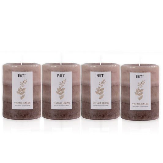 Pier 1 Vintage Linens Layered 3x4 Set of 4 Pillar Candles