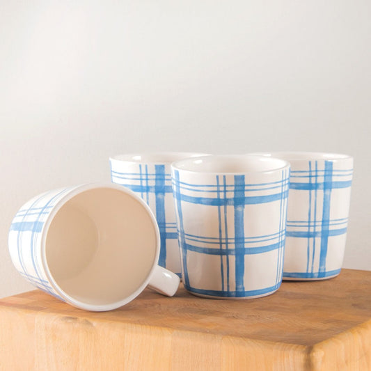 Pier 1 Country Blue Plaid Set of 4 Mugs